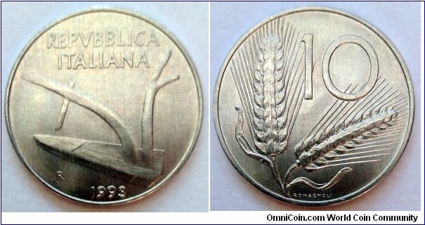 Italy 10 lire.
1993, Al. Weight; 1,6g. Diameter; 23,3mm. Mintage: 1.000.000 pcs.
