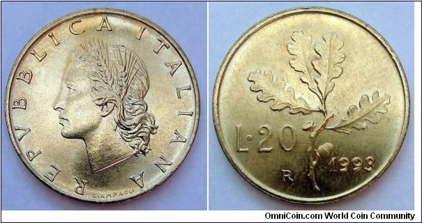 Italy 20 lire.
1993, Bronzital. Weight; 3,6g. Diameter; 21,3mm.
Mintage: 1.000.000 pcs.