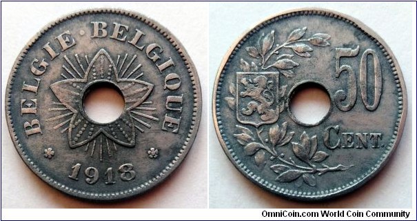 Belgium 50 centimes.
1918, Zinc. German Occupation Coinage.