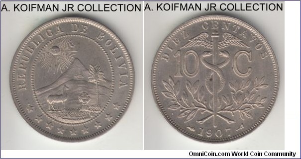 KM-174.3, 1907 Bolivia 10 centavos, Paris mint (privy marks around date on reverse); copper-nickel, plain edge; average uncirculated or almost, reverse spot.
