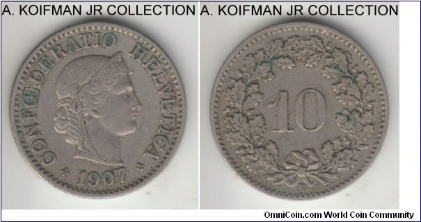 KM-27, 1907 Switzerland 10 rappen, Berne mint (B mint mark); copper-nickel, plain edge; modern Confederation coinage, good fine to almost very fine.