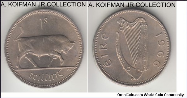 KM-14a, 1966 Ireland shilling; copper-nickel, reeded edge; late Republican pre-decimal, choice uncirculated from green mint set.