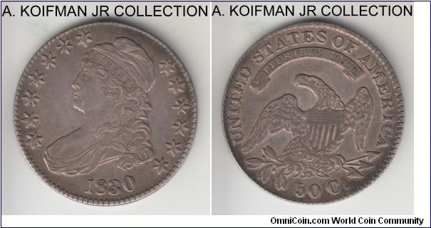 KM-37, 1830 United States of America 50 cents (half dollar), Philadelphia mint (no mint mark); silver, lettered edge; Capped bust type, extra fine or so.