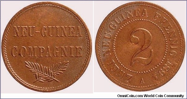 German New Guinea 2 Pfennig 1894 A - Neu-Guinea Compagnie. Copper 3,33g.