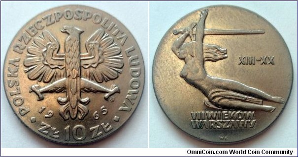 Poland 10 złotych.
1965, 700th Anniversary of Warsaw - Nike. (II)