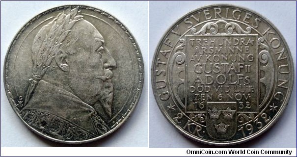 Sweden 2 kronor.
1932, 300th Anniversary of the death of Gustaf II Adolf in Lützen. Ag 800. Weight; 15g. Diameter; 32mm. Mintage: 253.770 pcs.