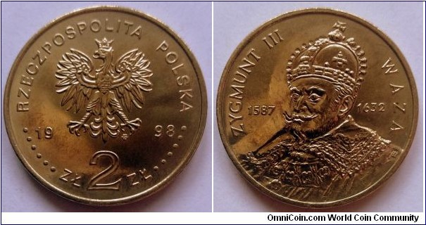 Poland 2 zlote. 1998, Sigismund III Vasa. Nordic gold. Weight; 8,15g. Diameter; 27mm. Mintage: 420.000 pieces. 