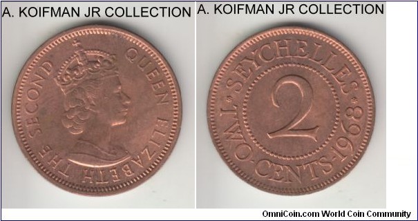 KM-15, 1968 Seychelles 2 cents; bronze, plain edge; Elizabeth II, smallest annual mintage of mintage 20,000, red brown uncirculated, brown toning spot on obverse.