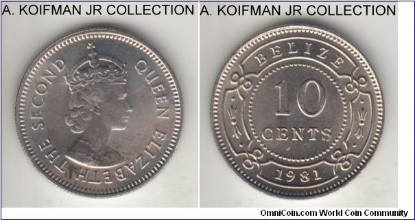KM-35, 1981 Belize 10 cents; copper-nickel, reeded edge; Elizabeth II, nice bright uncirculated, small impact on Queen's bust.