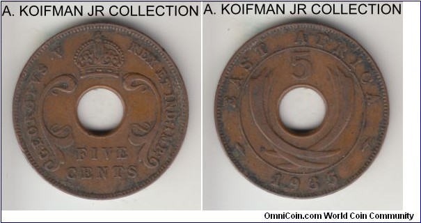 KM-18, 1935 East Africa 5 cents; bronze, holed flan, plain edge; George V, common year, average circulated and grimy.