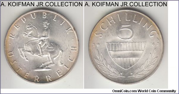 KM-2889, 1962 Austria 5 shilling; silver, reeded edge; circulation type, bright uncirculated with light yellowish peropheral toning.