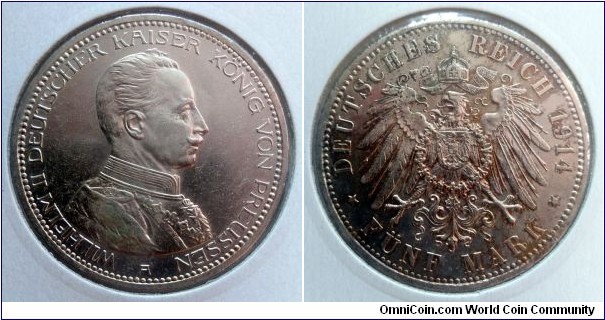 Kingdom of Prussia 5 mark. 1914 A, Ag 900. Weight; 27,77g. Diameter; 38mm. Mintage: 1.587.000 pcs.