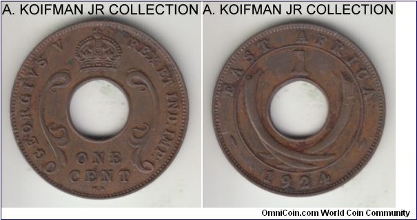 KM-22, 1924 East Africa cent, Kings Norton mint (KN mint mark); bronze, holed flan, plain edge; early George V issue, darker brown good extra fine details, dirty and not cleaned.