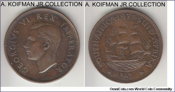 KM-24, 1938 South Africa half penny; bronze, plain edge; early George VI, almost uncirculated details, but likely cleaned.