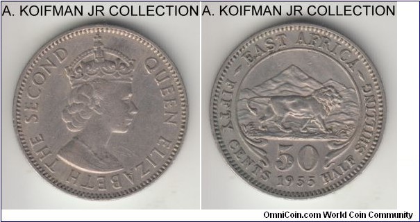 KM-36, 1955 East Africa 50 cents, Heaton mint (H mint mark); copper nickel, reeded edge; Elizabeth II, appears to be KHN mint mark variety with H prominent and KN still visible, good extra fine.