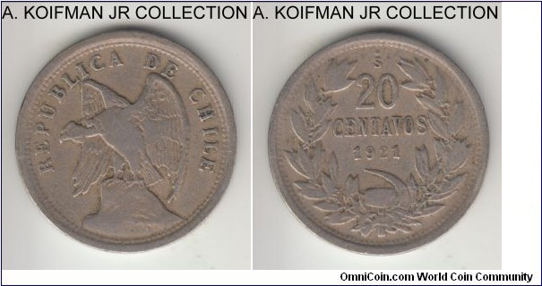KM-167.1, 1921 Chile 20 centavos, Santiago mint (S mint mark); copper-nickel, plain edge; common issue, average circulated.