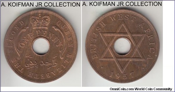 KM-33, 1957 British West Africa penny, Heaton mint (H mint mark); bronze, holed flan, plain edge; Elizabeth II, late pre-independence coinage and scarcer year and mint, red brown uncirculated.