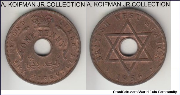 KM-33, 1956 British West Africa penny, Kings Norton mint (KN mint mark); bronze, holed flan, plain edge; Elizabeth II, late pre-independence coinage, good very fine to extra fine.