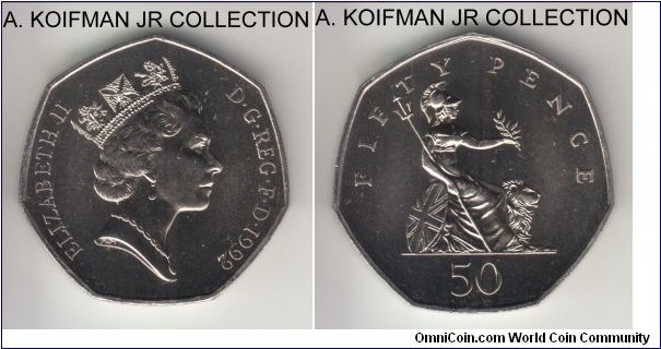 KM-940.1, 1992 Great Britain 50 pence; copper-nickel, curved heptagonal (7-sided) flan, plain edge; Elizabeth II, regular type (large), issued in mint sets only (78,421 sets), brilliant uncirculated.