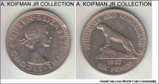 KM-4, 1957 Rhodesia & Nyasaland 6 pence; copper-nickel, reeded edge; Elizabeth II, almost uncirculated, toning in places.
