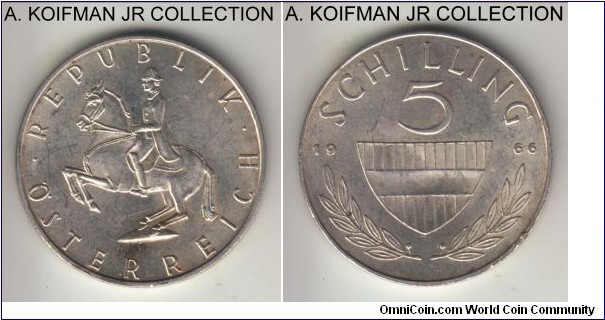 KM-2889, 1966 Austria 5 schilling; silver, reeded edge; Lippizaner stallion, circulation issue, average uncirculated but nice toning.