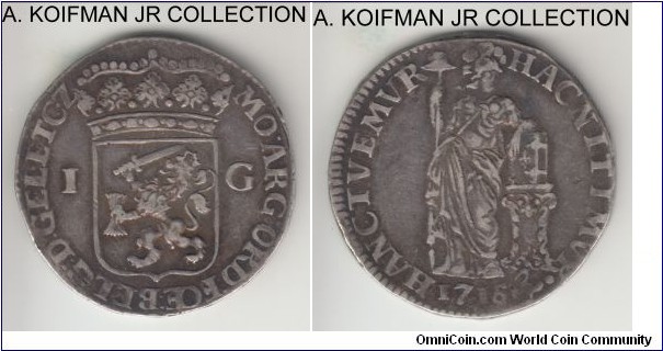 KM-65.3, 1715 (or 1716/5) Netherlands Gelderland gulden; silver, plain edge; 10.4 gr, edge may have been cut or originally uneven, good fine to almost very fine.