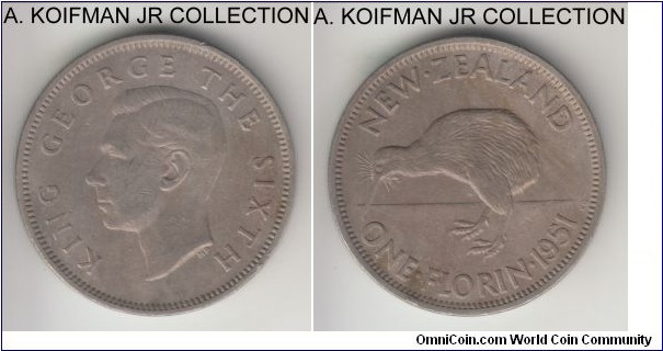 KM-18, 1951 New Zealand florin; copper-nickel, reeded edge; George VI, good very fine and dark toned.
