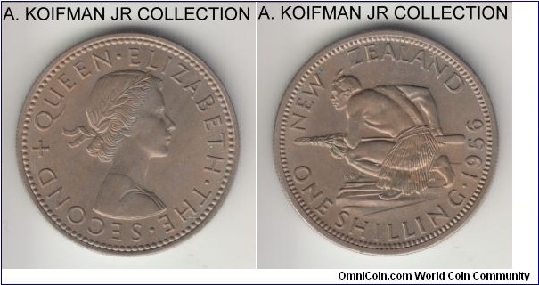 KM-27.2, 1956 New Zealand shilling; copper-nickel, reeded edge; Elizabeth II, toned uncirculated.