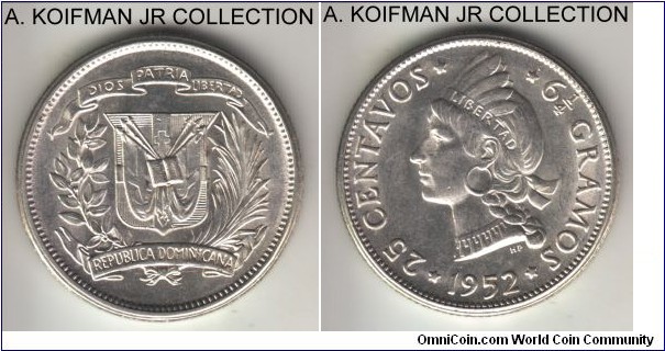 KM-20, 1956 Dominican Republic 25 centavos; silver, reeded edge; brilliant uncirculated.