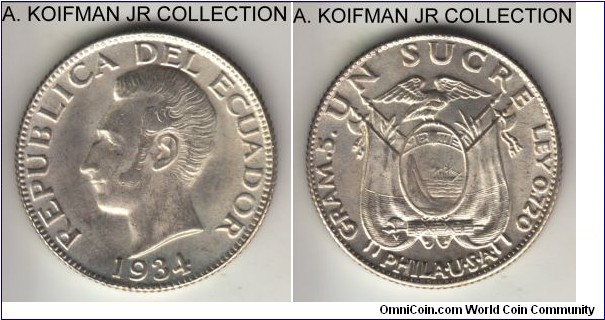 KM-72, 1934 Ecuador sucre, Philadelphia mint (PHIKA USA mint mark); silver, reeded edge; 3-year type, common but nice white uncirculated.