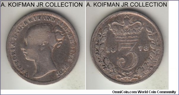 KM-730, 1878 Great Britain 3 pence; silver, plain edge; Victoria, well circulated, very good or about.