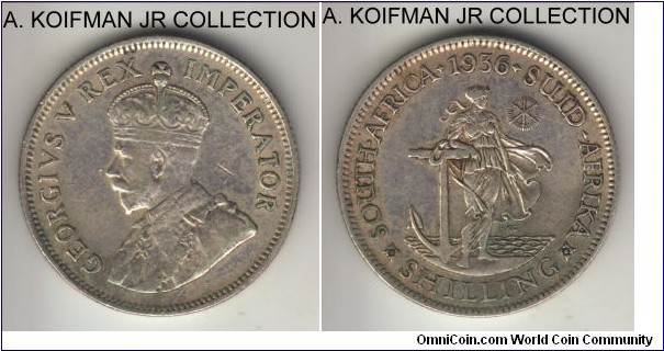 KM-17.3, South Africa 1936 shilling; silver, reeded edge; George V last type and year, toned very fine or almost, old cleaning.