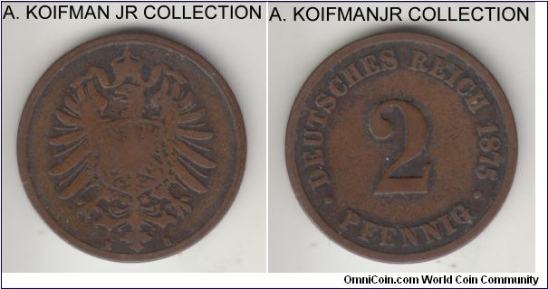 KM-2, 1875 Germany 2 pfennig, Hanover mint (B mint mark); copper, plain edge; Wilhelm I, early unification period, common year and mint mark, brown fine or so.