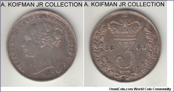 KM-730, 1885 Great Britain 3 pence; silver, plain edge; Victoria, first, young head type, toned extra fine or almost.