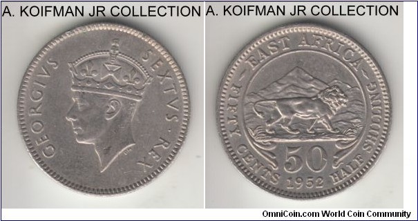 KM-30, 1952 East Africa 50 cents, Kings Norton mint (KN mint mark); copper nickel, reeded edge; George VI, last year of the coinage and type, nice good extra fin eto almost uncirculated.