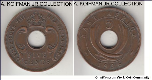 KM-23, 1936 East Africa 5 cents, Heaton mint (H mint mark); bronze, holed flan, plain edge; Edward VIII, brown extra fine.