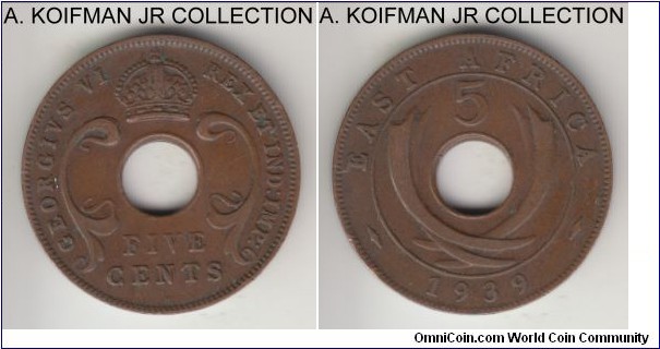 KM-25.1, 1939 East Africa 5 cents, Heaton mint (H mint mark); bronze, plain edge; George VI, earlier thick flan variety, brown very fine or almost.