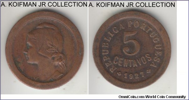 KM-572, 1927 Portugal 5 centavos; bronze, reeded edge; early Republican issue, small type, with pronounced antique Tuscan bifurcation bottom letter terminals, very fine or so.