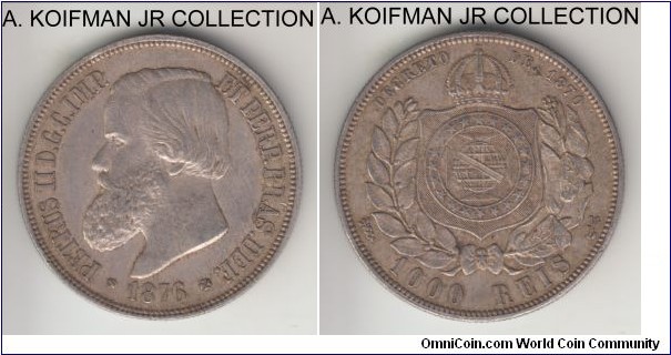 KM-481, 1876 Brazil Empire 1000 reis; silver, reeded edge; Perdo II, last Imperial type, most common year, good very fine details, possibly old cleaning.