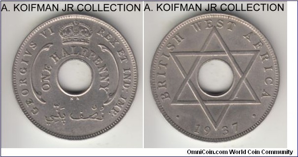 KM-18, 1937 British West Africa 1/2 penny, Kings Norton mint (KN mint mark); copper-nickel, plain edge, holed flan; first George VI issue, common, decent uncirculated with some toning in places.