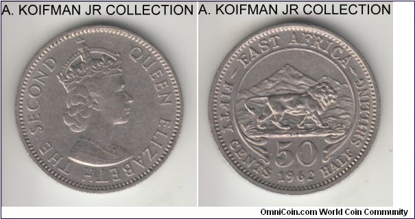 KM-36, 1962 East Africa (British) 50 cents, Kings Norton mint (KN mint mark); copper-nickel, reeded edge; Elizabeth II, average uncirculated or almost.