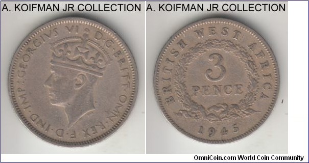 KM-21, 1945 British West Africa 3 pence, Heaton mint (H mint mark); copper-nickel, security reeded and grooved edge; George VI, smaller mintage, average circulated good fine to about very fine.