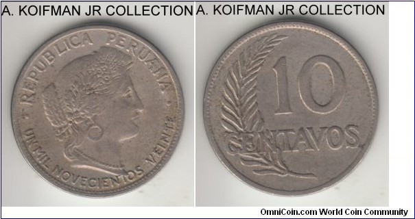 KM-214.1, 1920 Peru 10 centavos; copper-nickel, plain edge; the type with the date spelled fully in words UN MIL NOVECIENTOS VEINTE (1920), very fine or about.