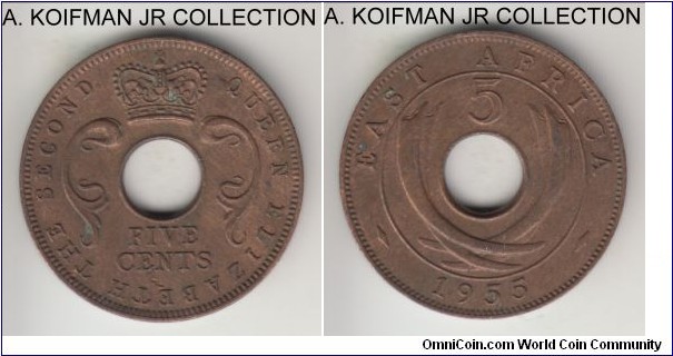 KM-37, 1955 East Africa 5 cents, Royal Mint  (no mint mark); bronze, holed flan, plain edge; Elizabeth II, brown average uncirculated, two tiny field digs on obverse.