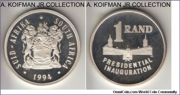 KM-149, 1994 South Africa rand; proof, silver, reeded edge; Presidential inauguration of Nelson Mandela, mintage 6,269 pieces, cameo and light haze.