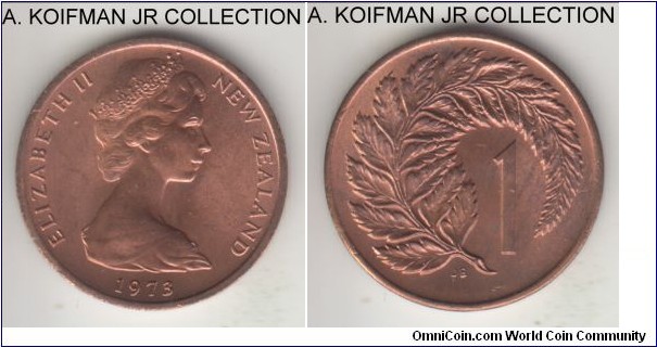 KM-31.1, 1973 New Zealand cent; bronze, plain edge; Elizabeth II early decimal coinage, silver fern leaf, mostly red choice uncirculated.