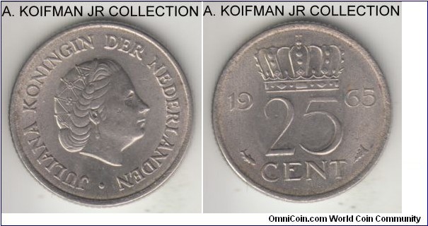 KM-183, 1965 Netherlands 25 cents; nickel, reeded edge; Juliana, lightly toned average uncirculated.