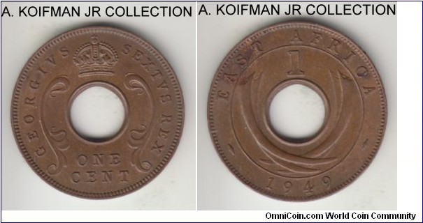 KM-32, 1949 East Africa cent, Royal Mint (no mint mark); bronze, holed flan, plain edge; George VI, brown uncirculated details, some stain/dirt on reverse.