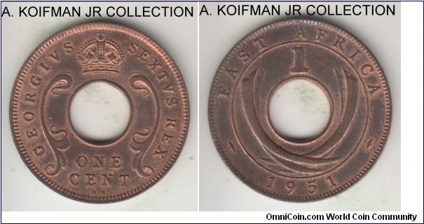 KM-32, 1951 East Africa cent, Kings Norton mint (KN mint mark); bronze, holed flan, plain edge; George VI last type, red brown almost uncirculated.