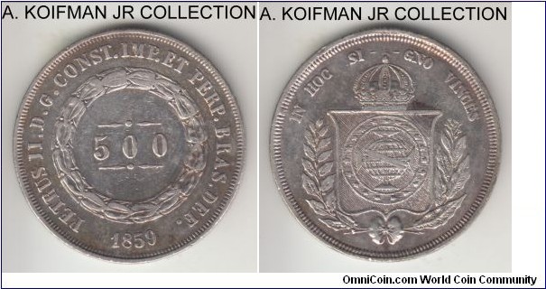 KM-464, 1859 Brazil (Empire) 500 reis; silver reeded edge; Pedro II, good very fine to about extra fine, cleaned.